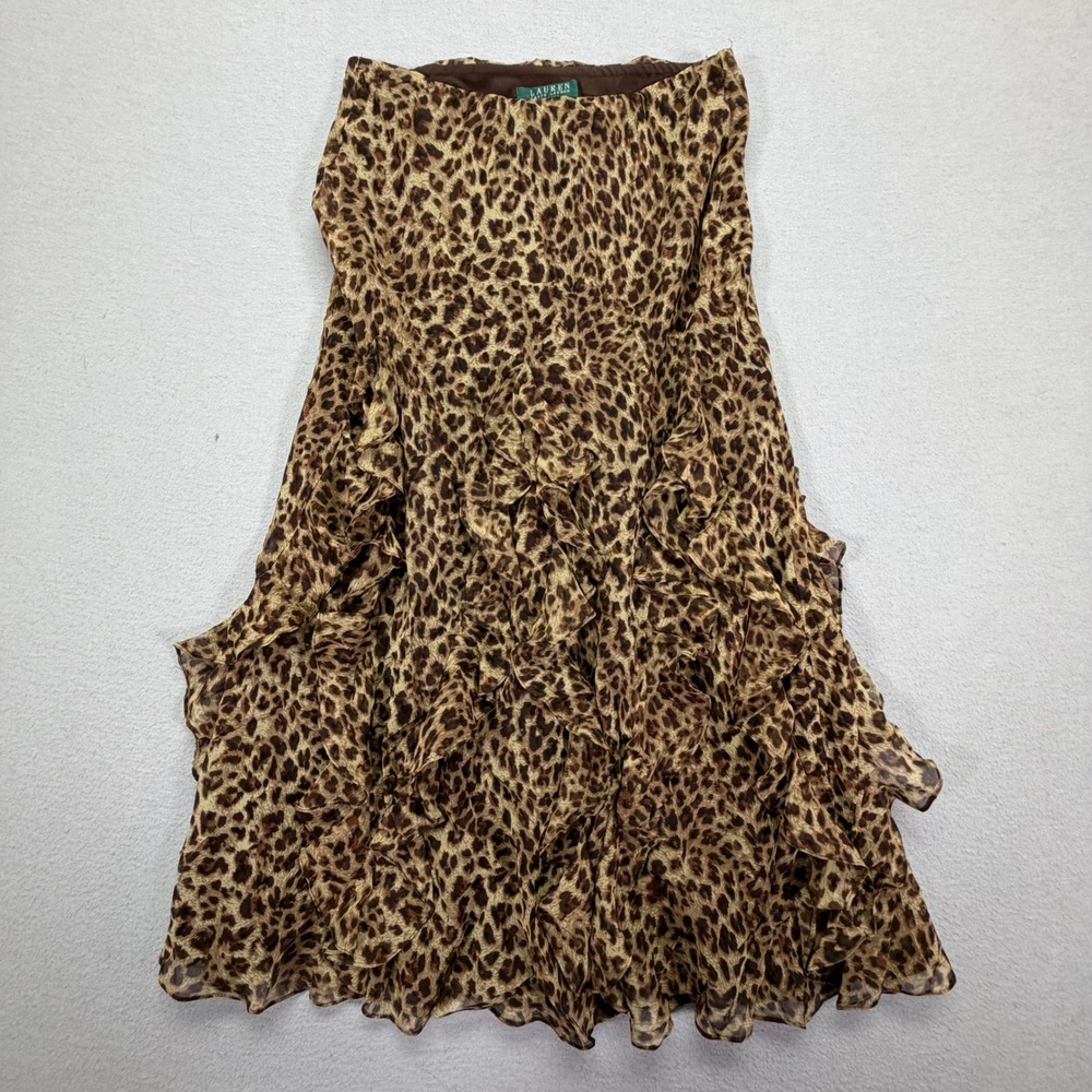 Lauren Ralph Lauren Womens Skirt Regular Brown Leopard Ruffle Silk PS